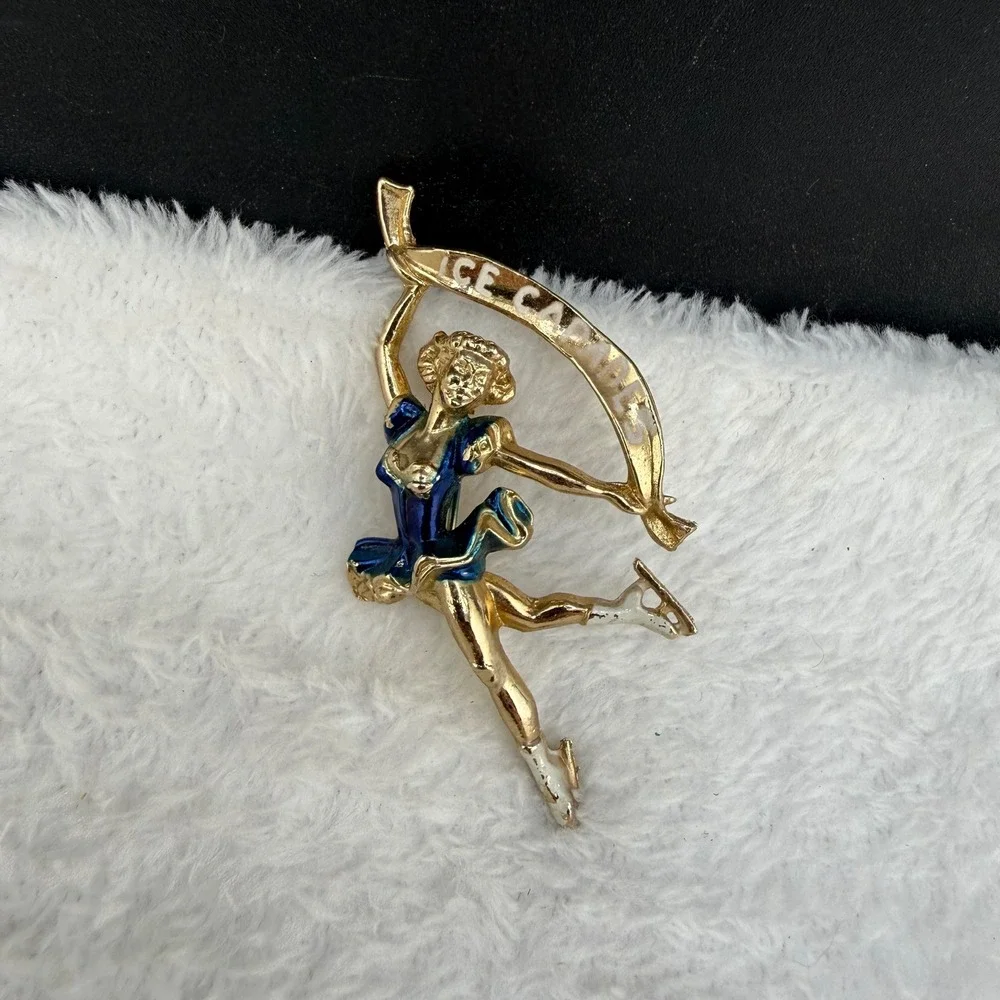 Vintage Ice Capades Brooch Gold Blue Enamel Figure Skater Banner Pin